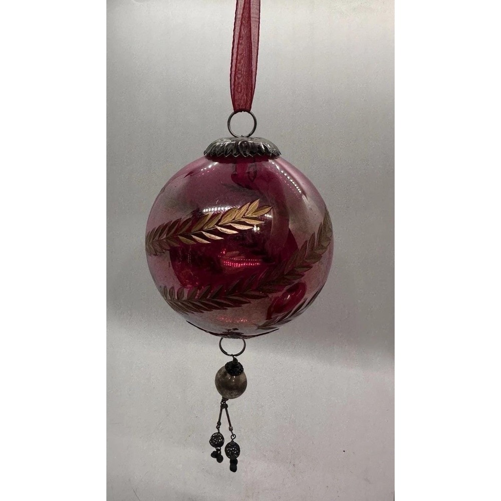 Vintage Large 4"‎ Cranberry Red Etched Glass Ornament Beaded Finial Metal Caps